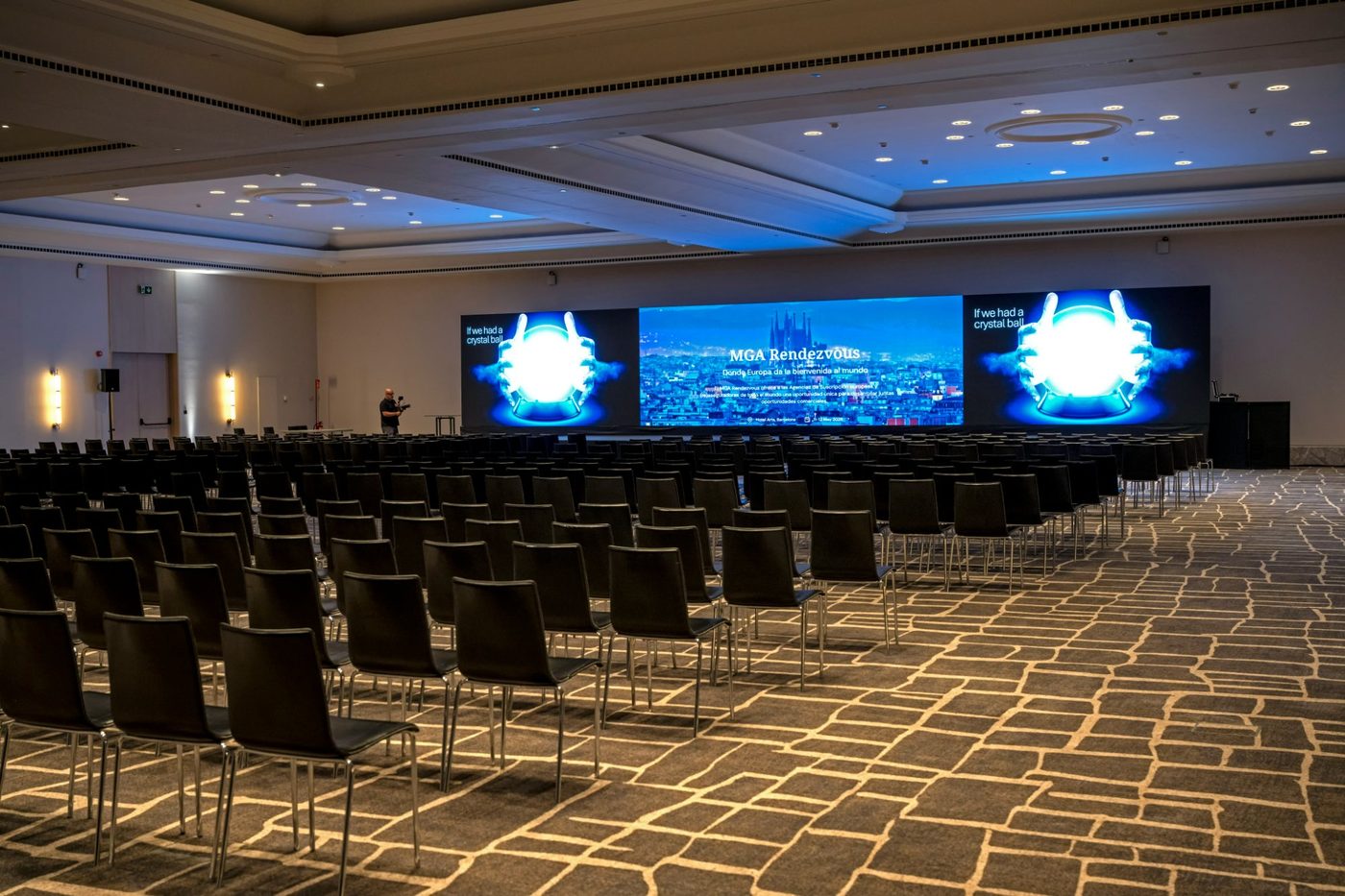 Main plenary stage set up for MGA Rendezvous 2026 at Hotel Arts Barcelona