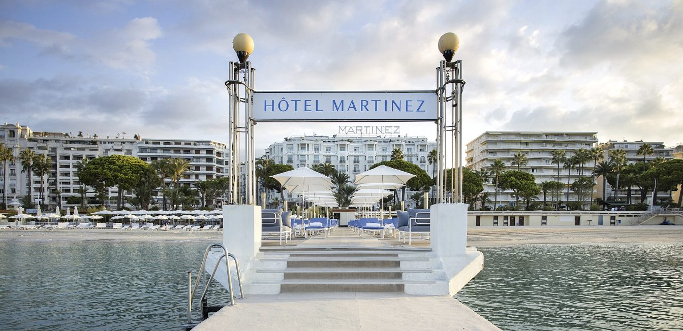 The private beach pier of H&ocirc;tel Martinez on La Croisette in Cannes &mdash; the real hotels behind The White Lotus